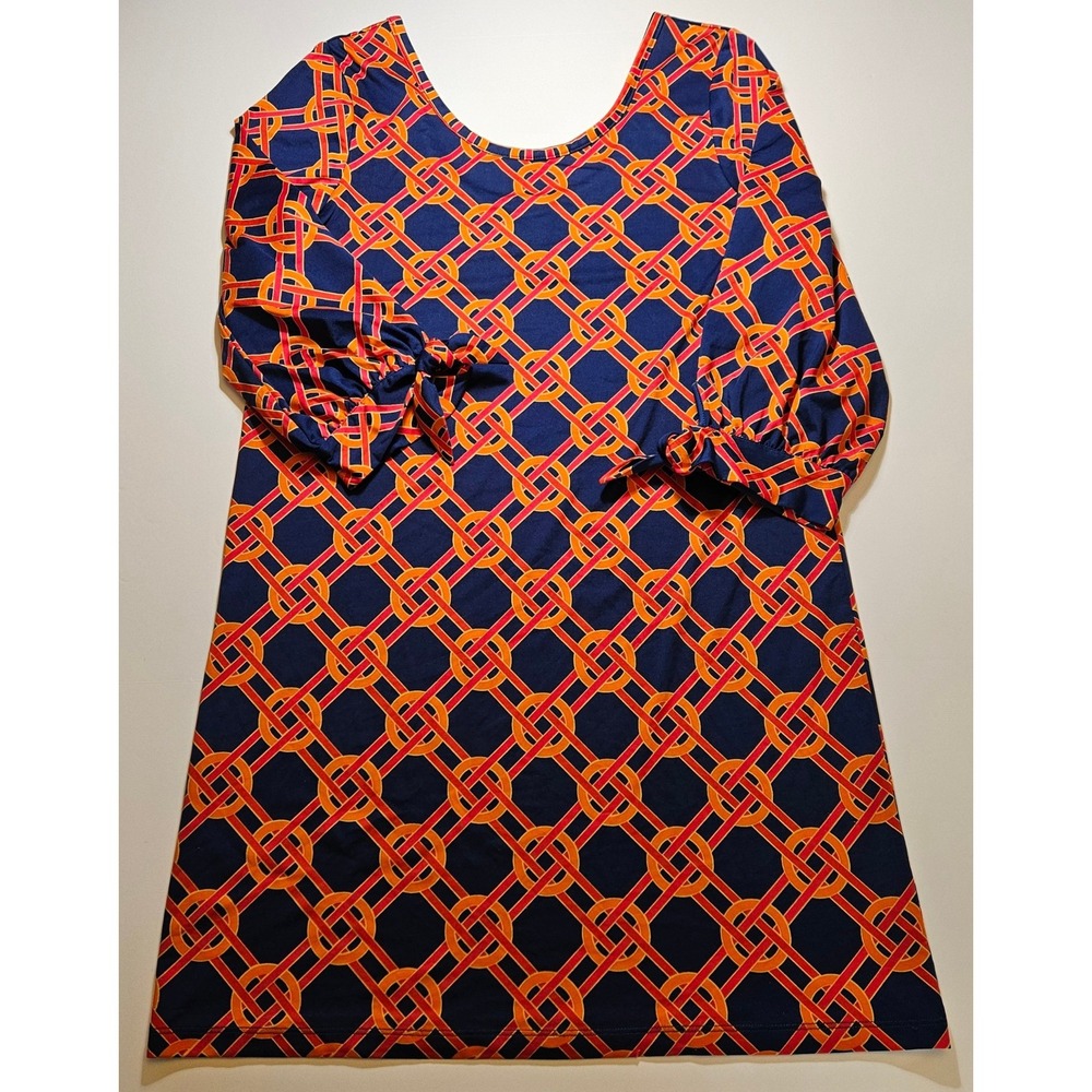 Mud Pie Womens Navy Orange Geometric Link Print Tie Cuff Shift Dress Medium 8-10